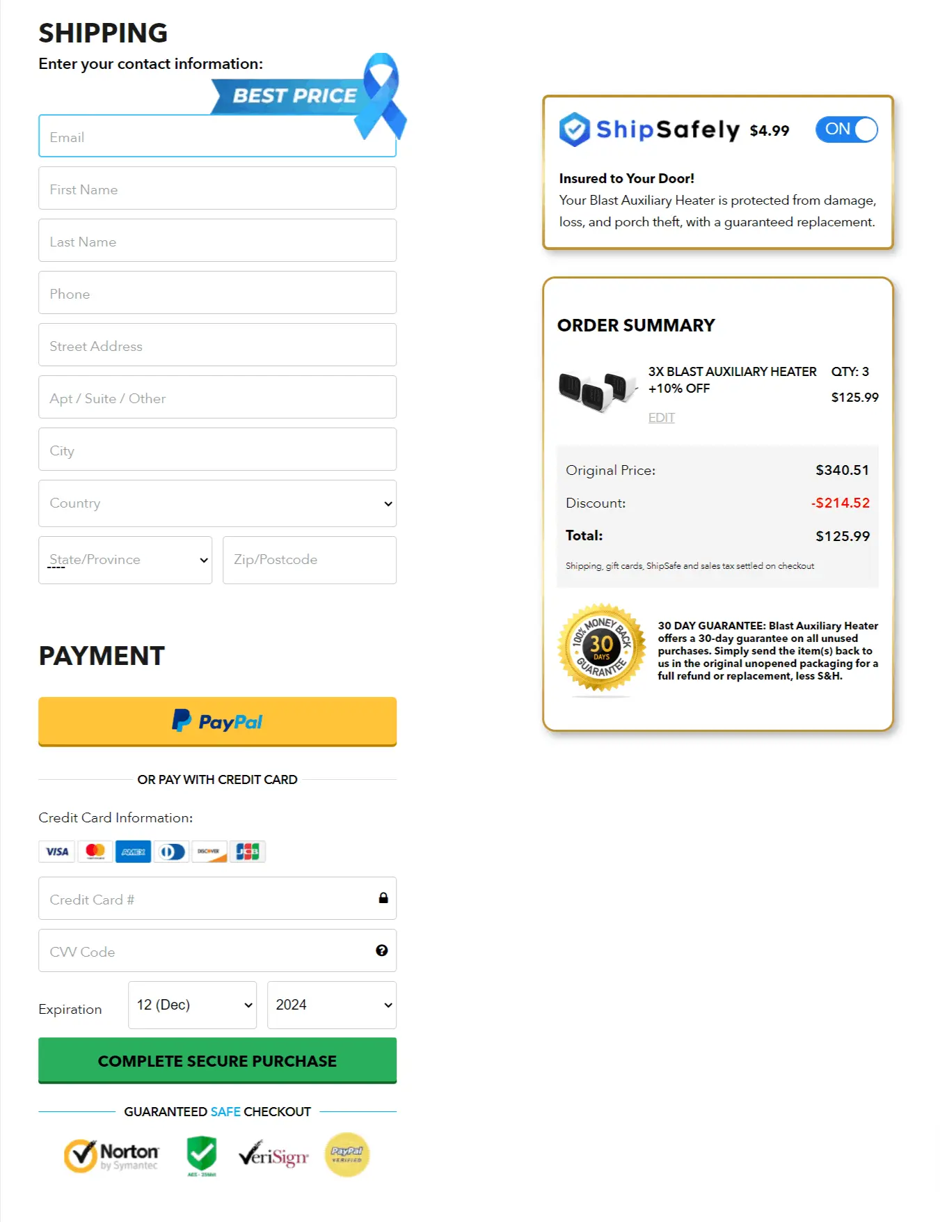 Blast Auxiliary Heater checkout page